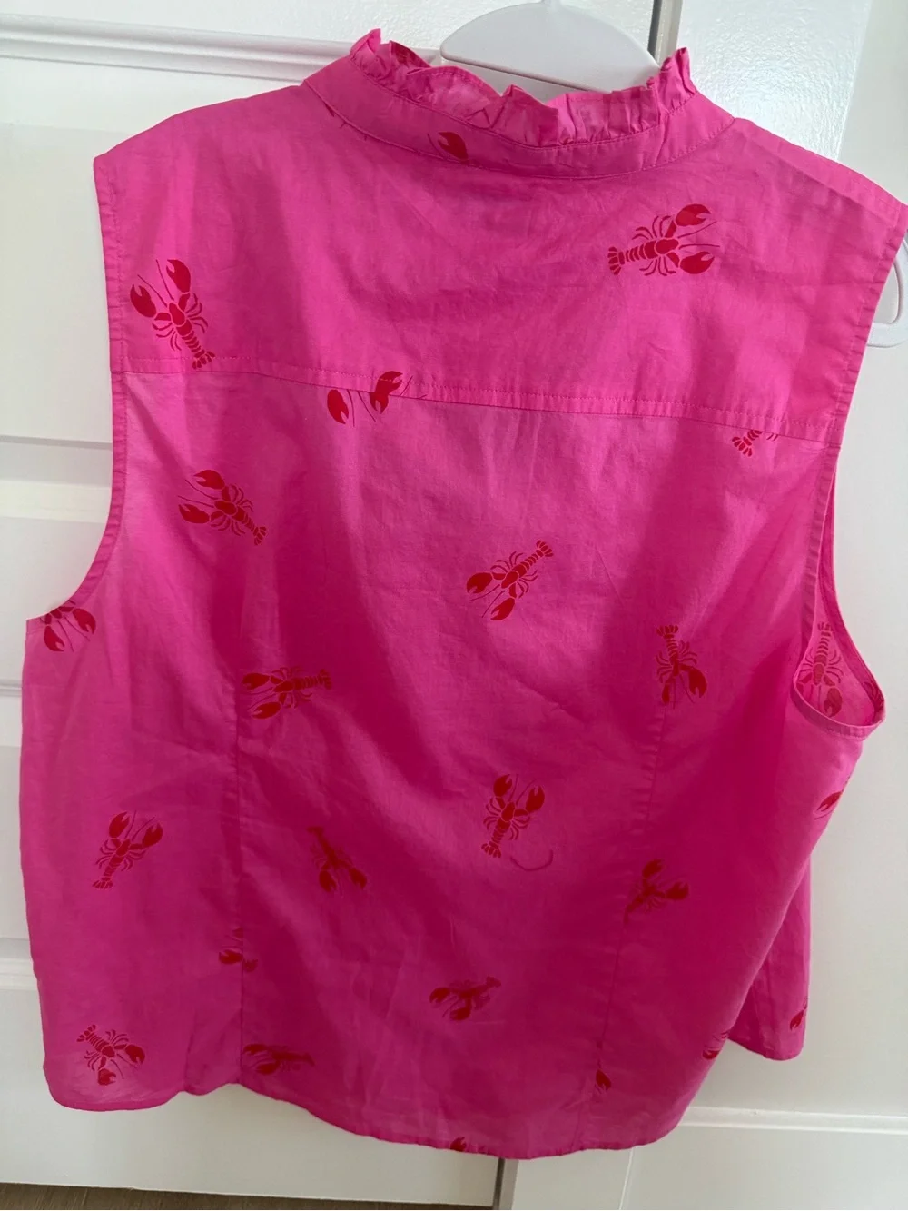 J.Crew Factory Pink Lobster Print Ruffle Front Button Down Tank Top XXL